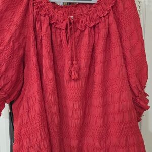 Max Studio Bright Red Smocked Peasant Blouse Elastic Waist 2X